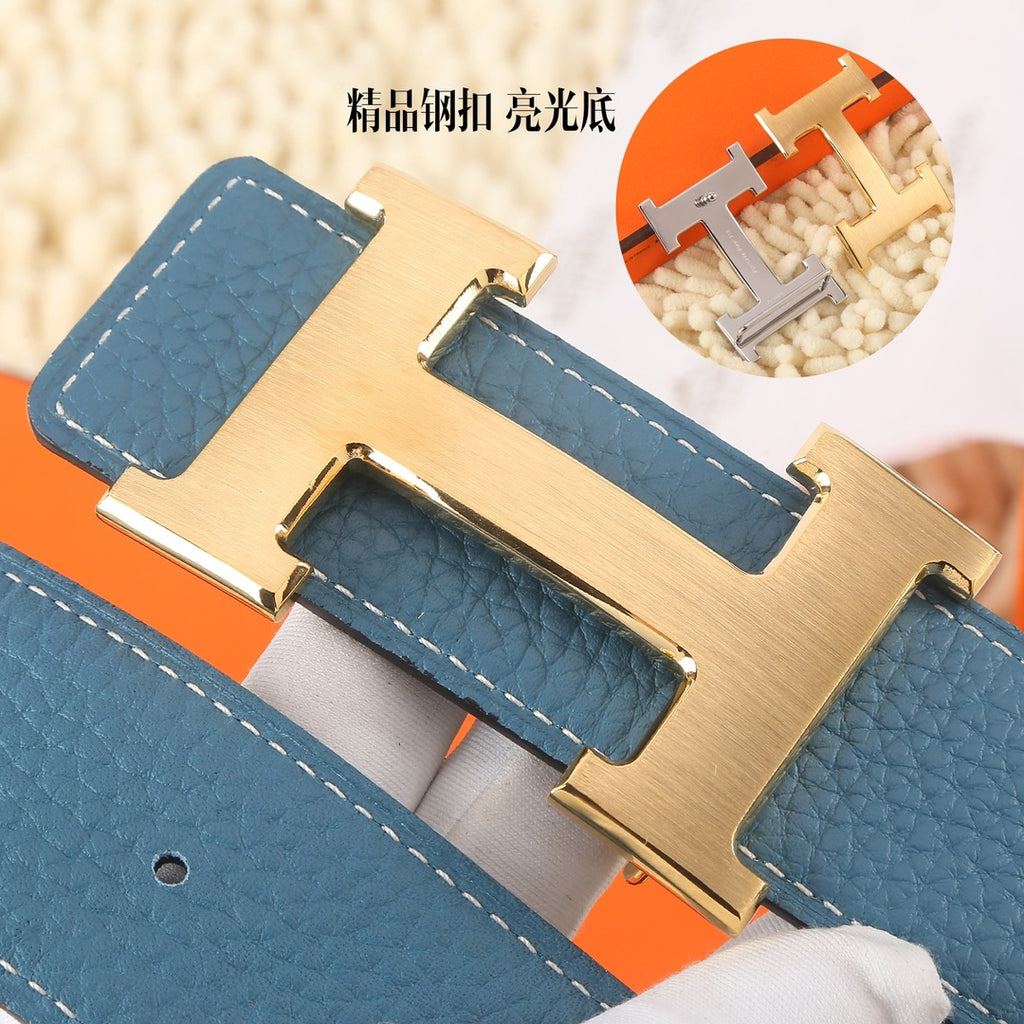 Blue pebbled leather belt with gold-tone double buckle and stitched keeper straps