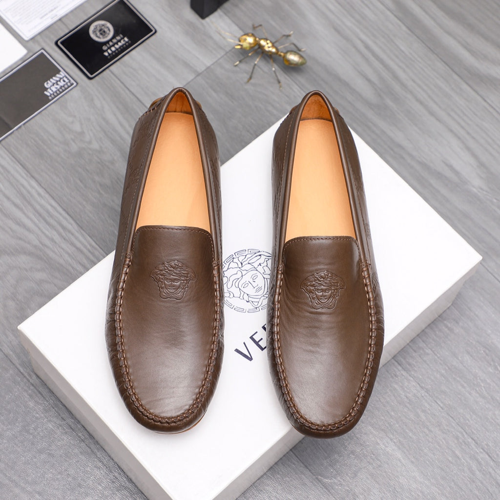 Versace brown leather loafers with embossed emblem and moc-toe stitching