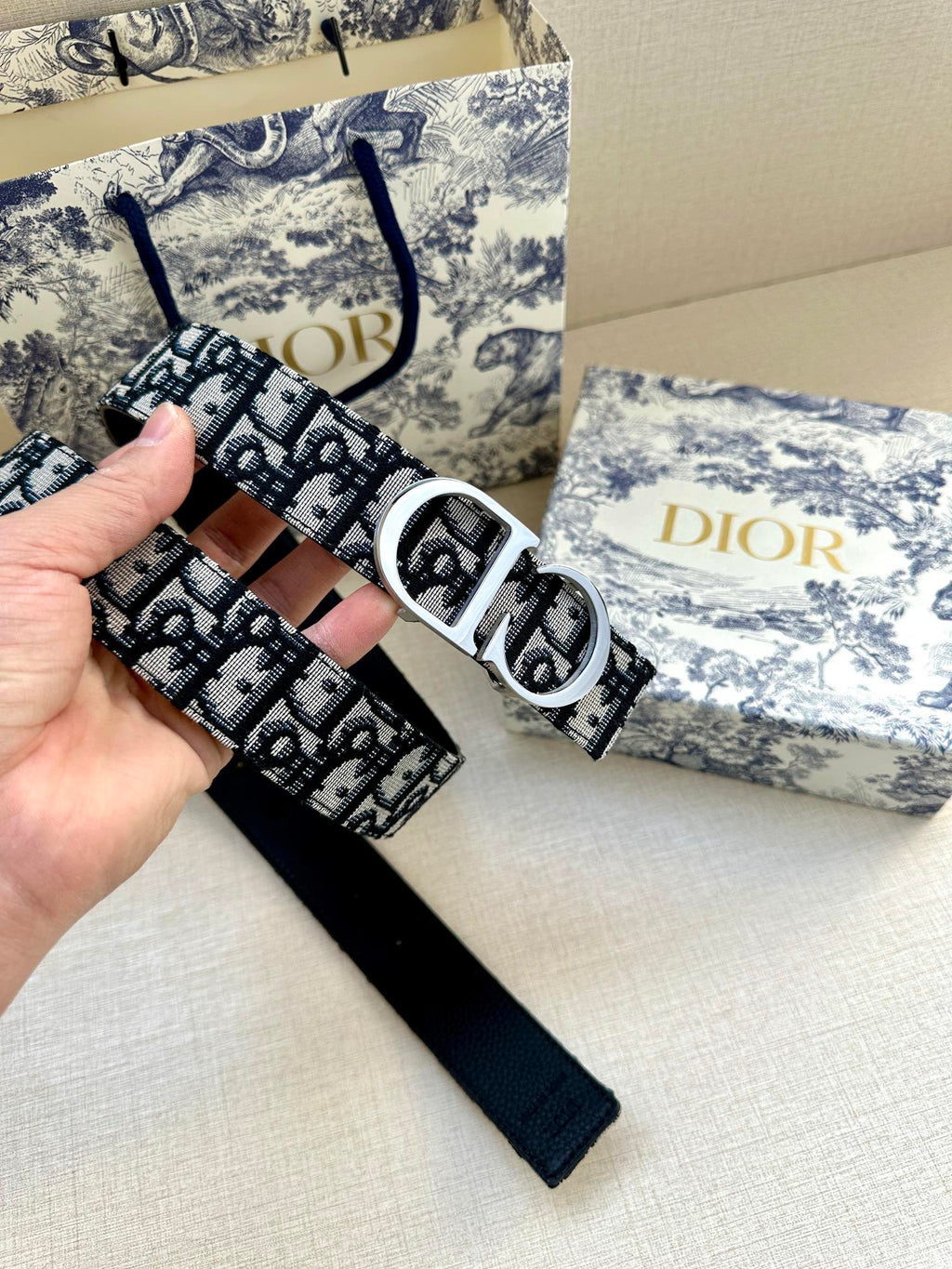 Dior belt held up, showing monogram webbing and silver double-D buckle