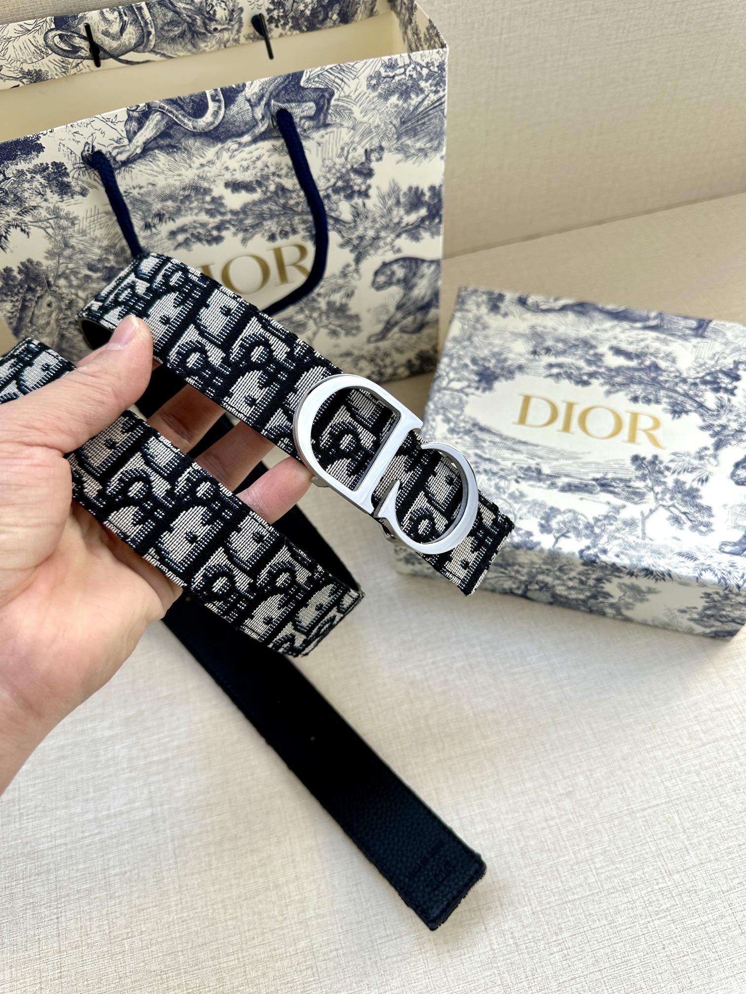 Dior belt held up, showing monogram webbing and silver double-D buckle