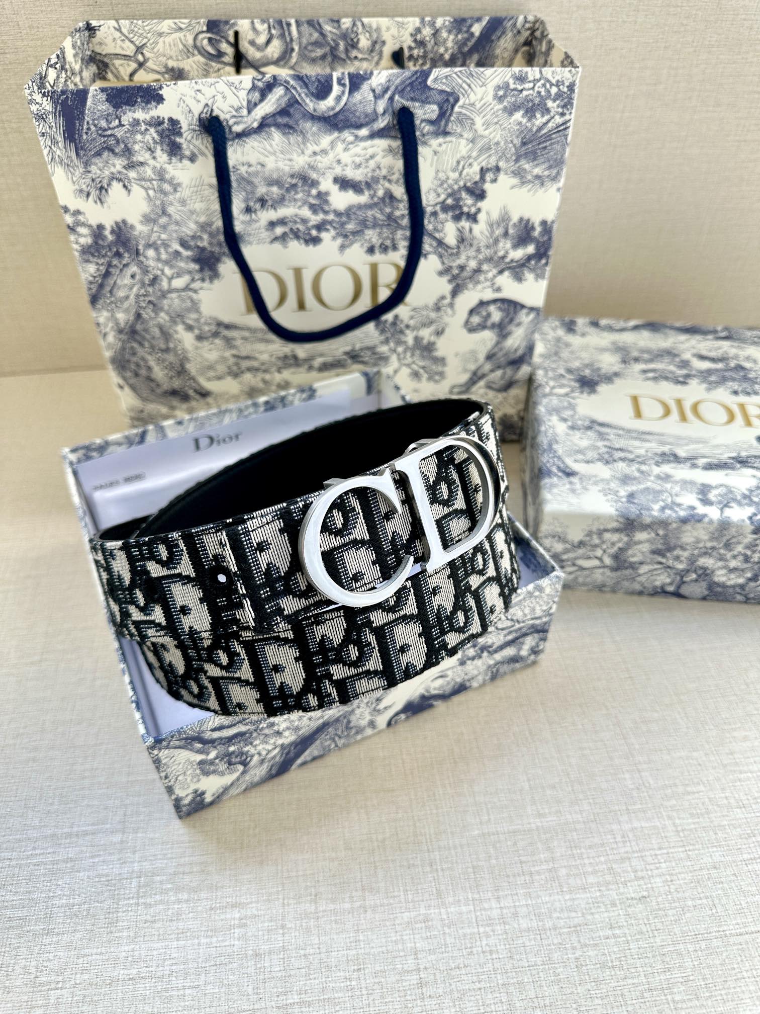 Dior belt with monogram strap and silver double-D buckle, coiled for storage