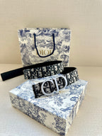 Dior belt side view with monogram strap and silver double-D buckle and tail