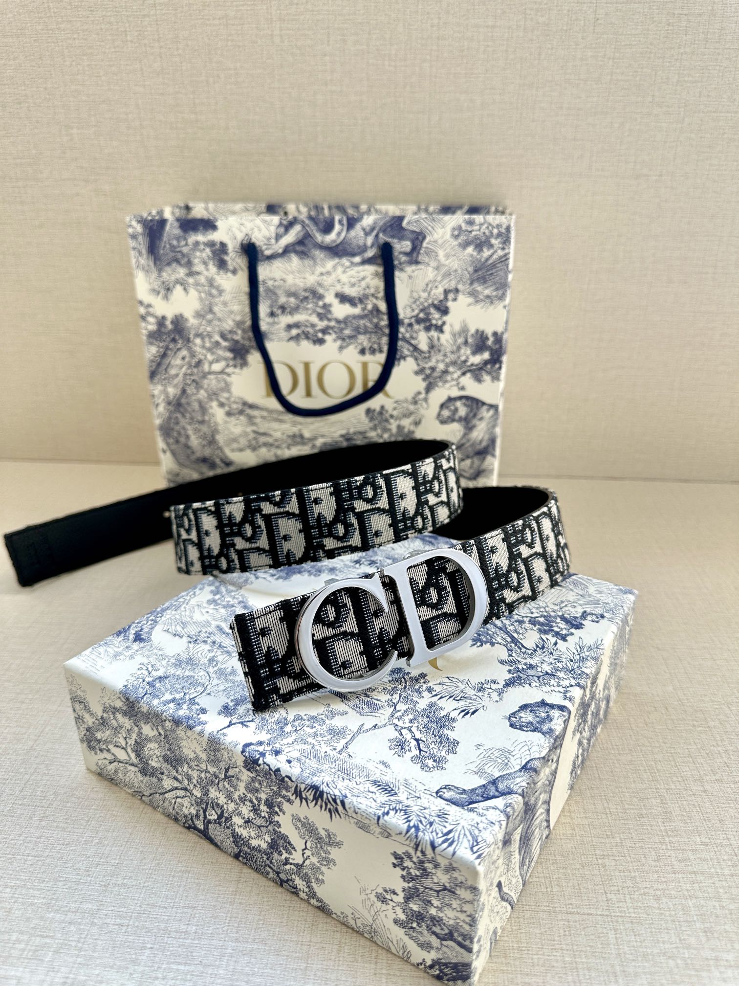 Dior belt side view with monogram strap and silver double-D buckle and tail