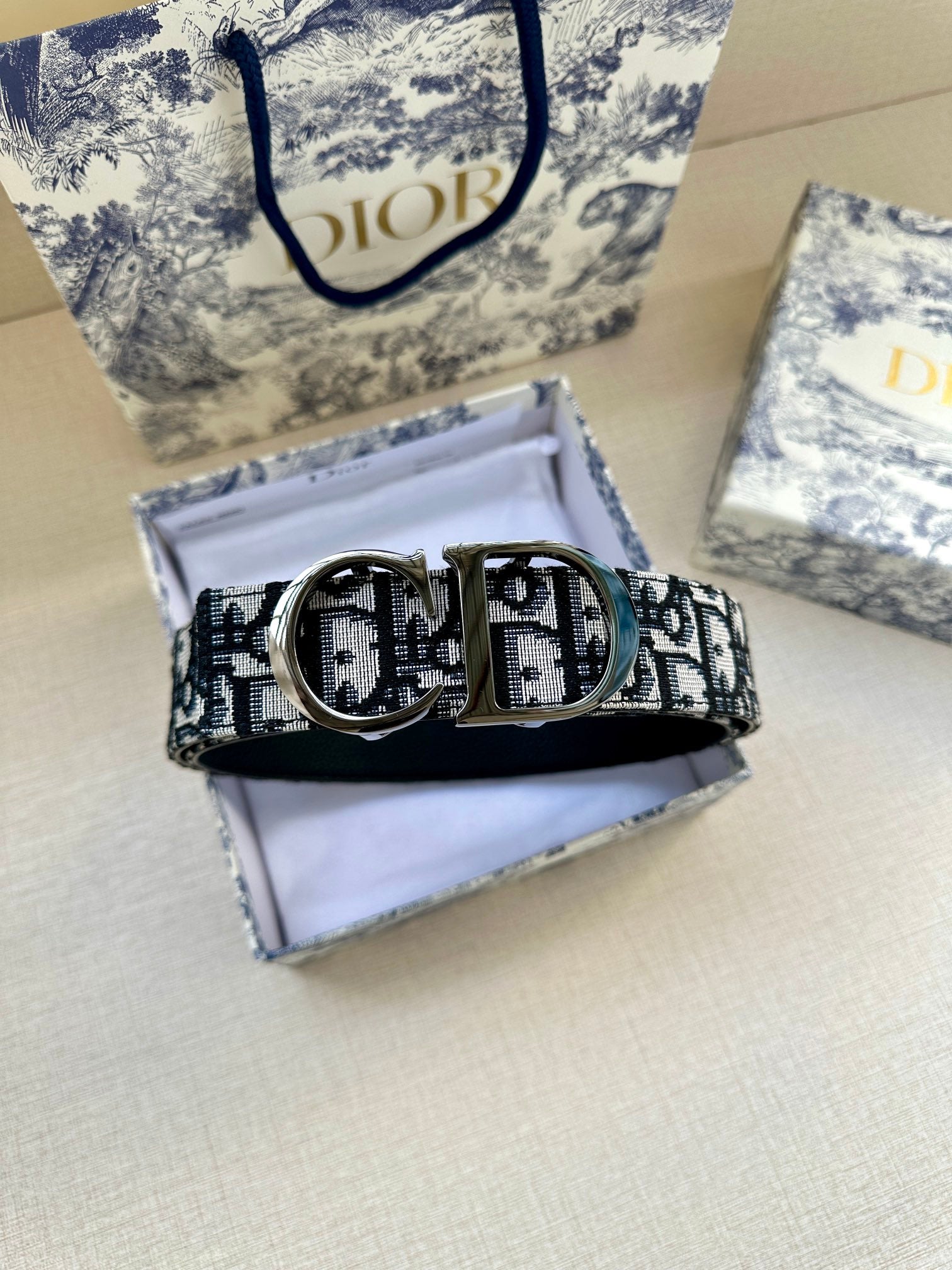 Dior belt with monogram strap and silver double buckle, displayed in open box
