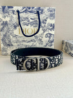 Dior belt with navy-and-white monogram strap and silver double D buckle