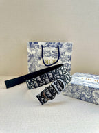 Dior belt with patterned strap, silver buckle, and navy leather strap end
