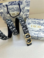 Dior belt and buckle on display: navy-and-white logo jacquard strap, gold CD