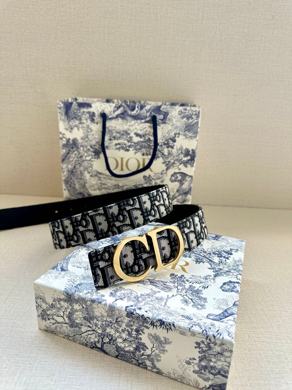Dior belt laid flat, navy-and-white jacquard strap with gold CD buckle