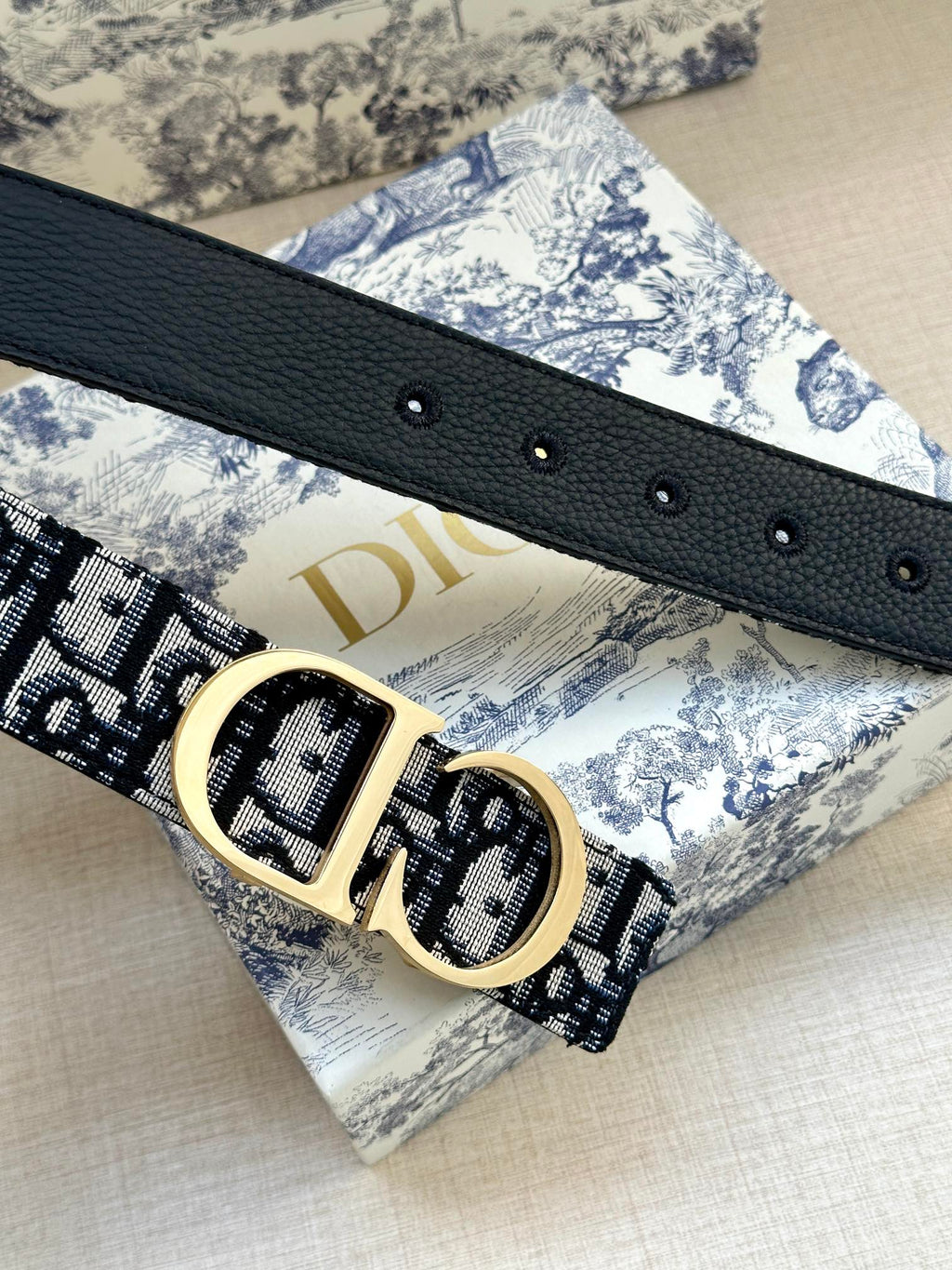 Dior belt close-up: black leather strap with gold CD ring buckle and holes