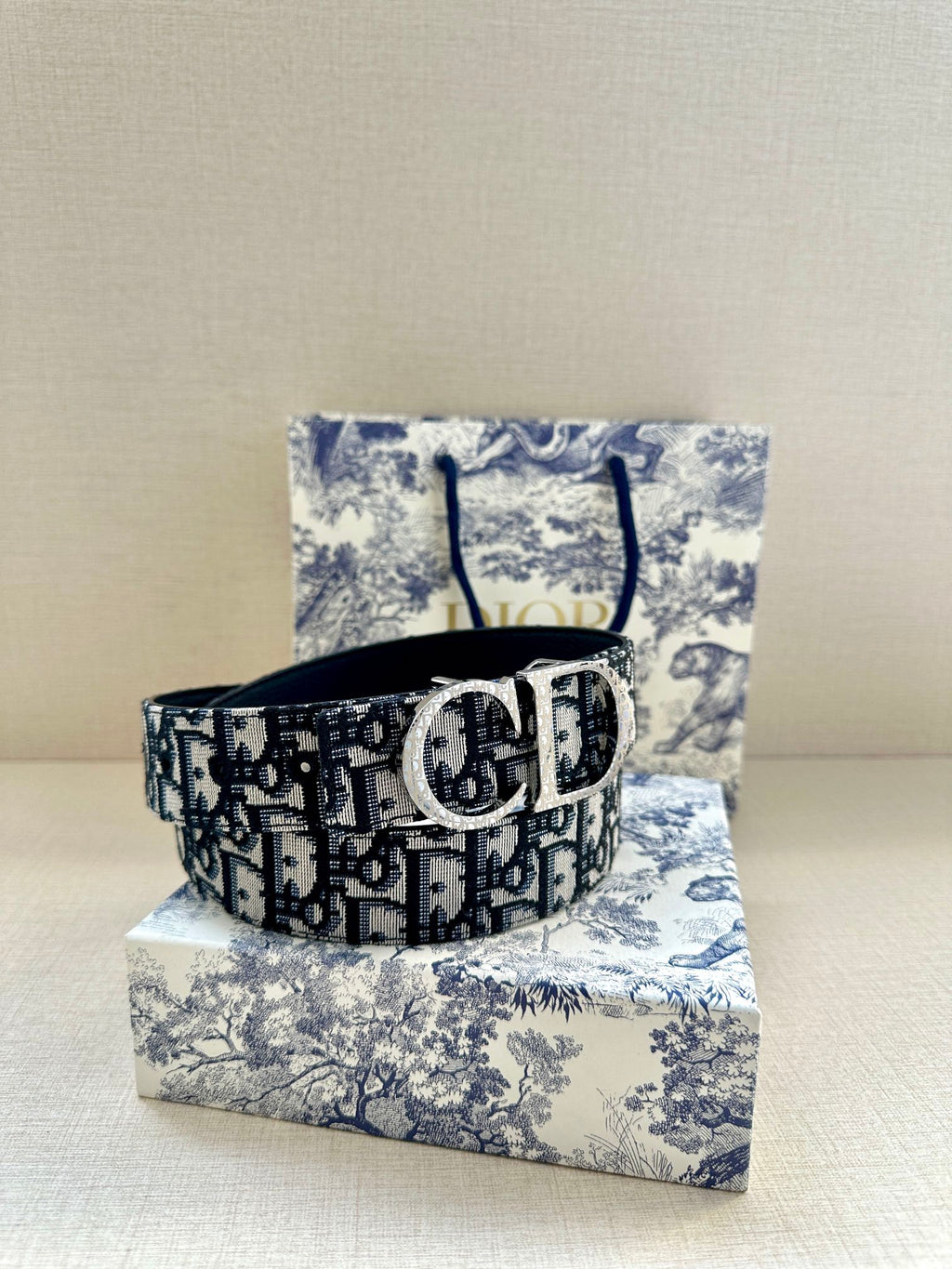 Dior belt with repeating Dior logo pattern and silver-tone buckle.