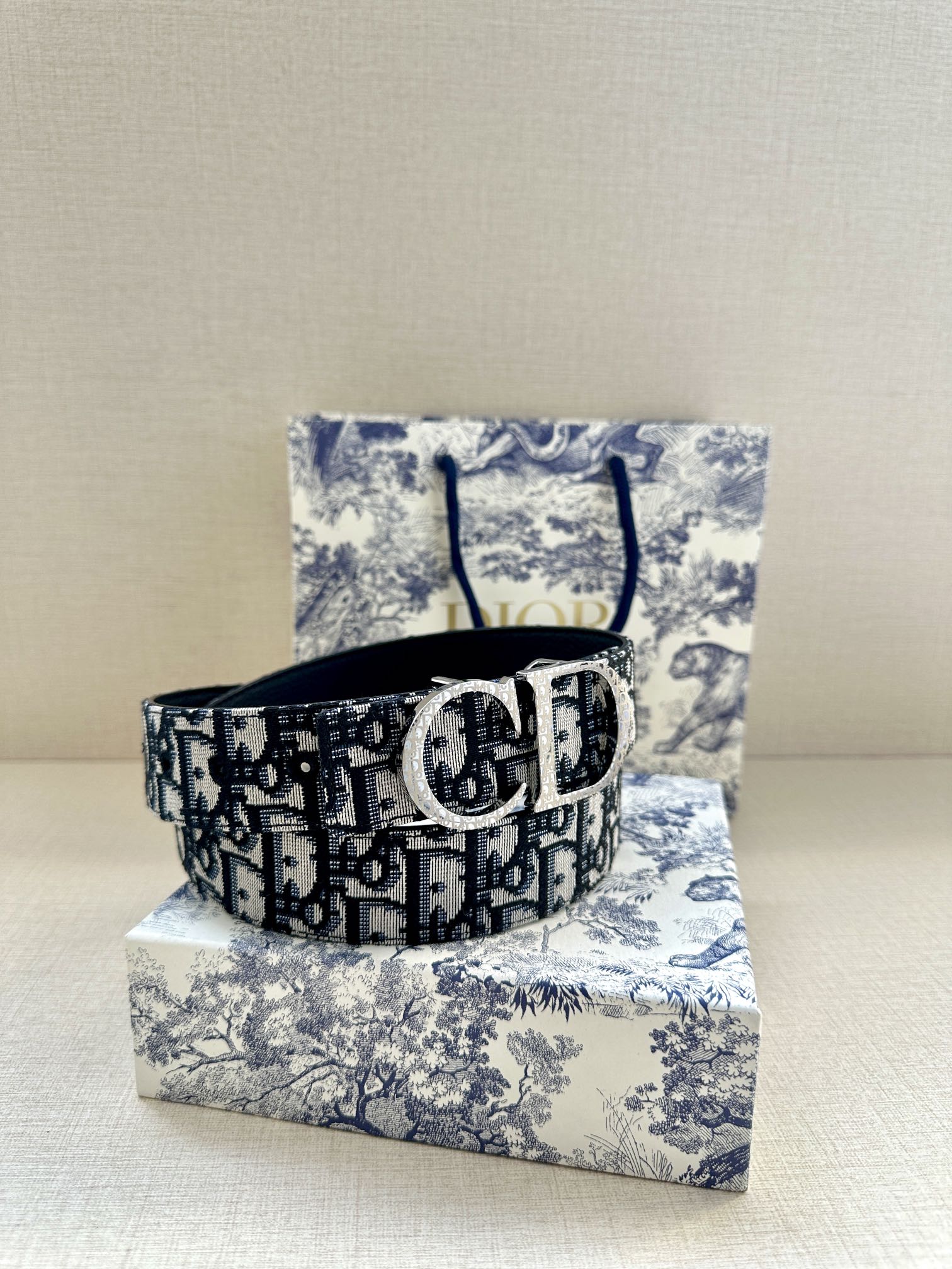 Dior belt with repeating Dior logo pattern and silver-tone buckle.