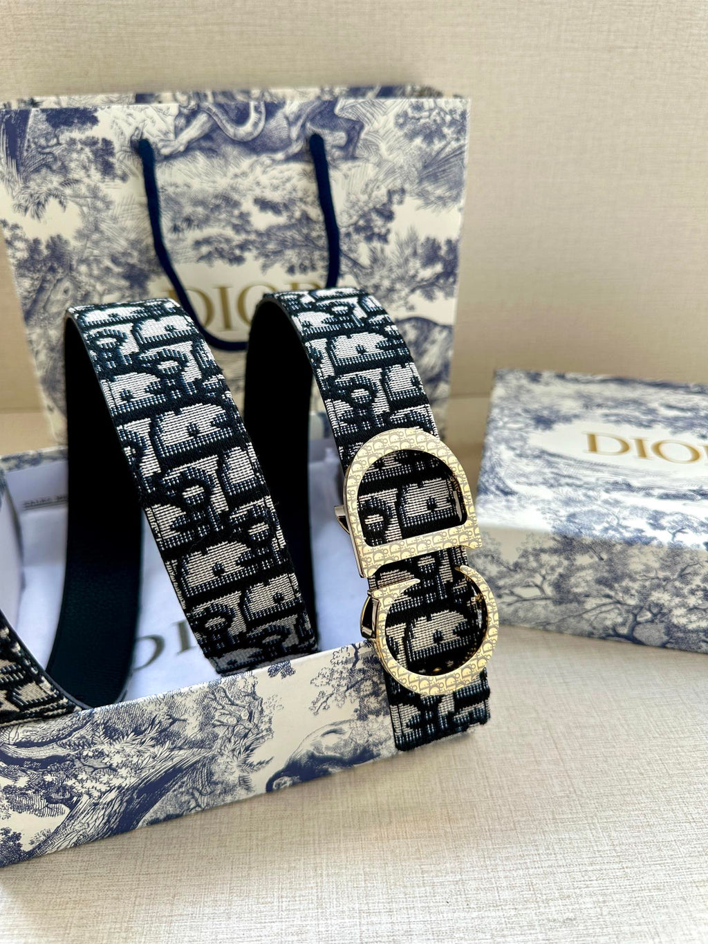 Dior belt vertical view, dark navy/black monogram strap with gold buckle
