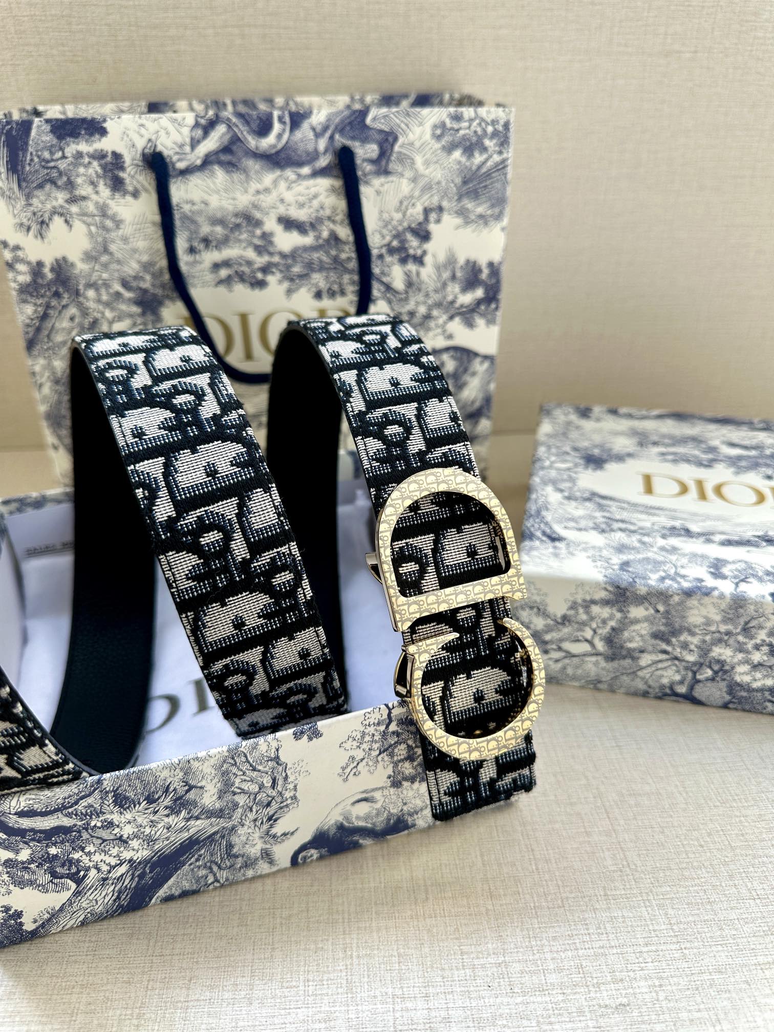 Dior belt vertical view, dark navy/black monogram strap with gold buckle