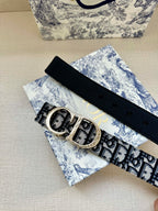 Dior belt flat lay, dark navy patterned strap with gold-toned buckle detail