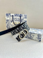 Dior belt with dark navy/black pattern, gold double-ring buckle
