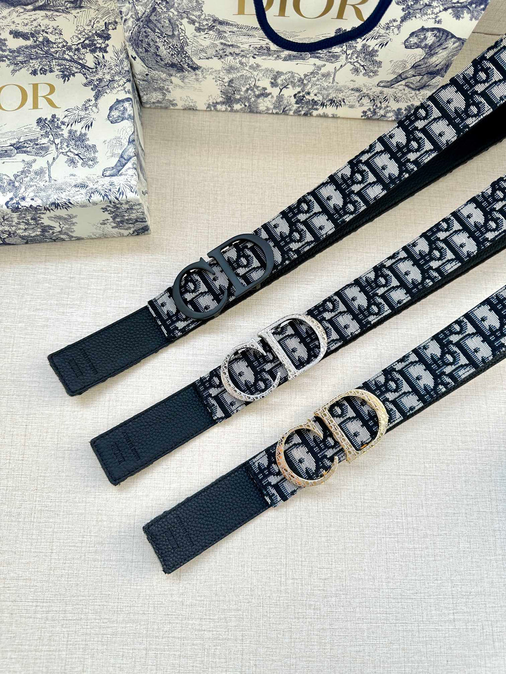 Dior belt straps and buckle, navy monogram pattern with black leather ends