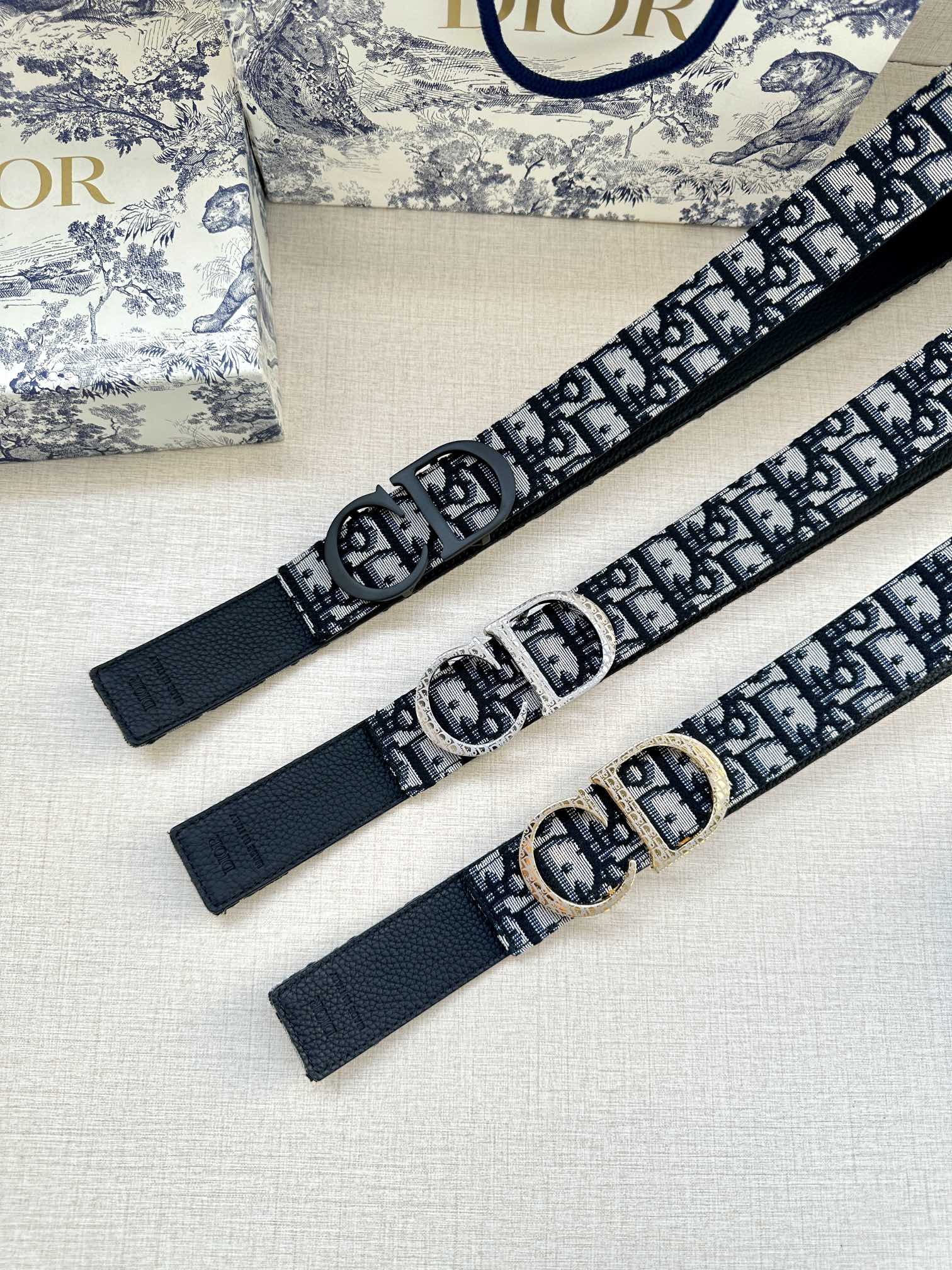 Dior belt straps and buckle, navy monogram pattern with black leather ends