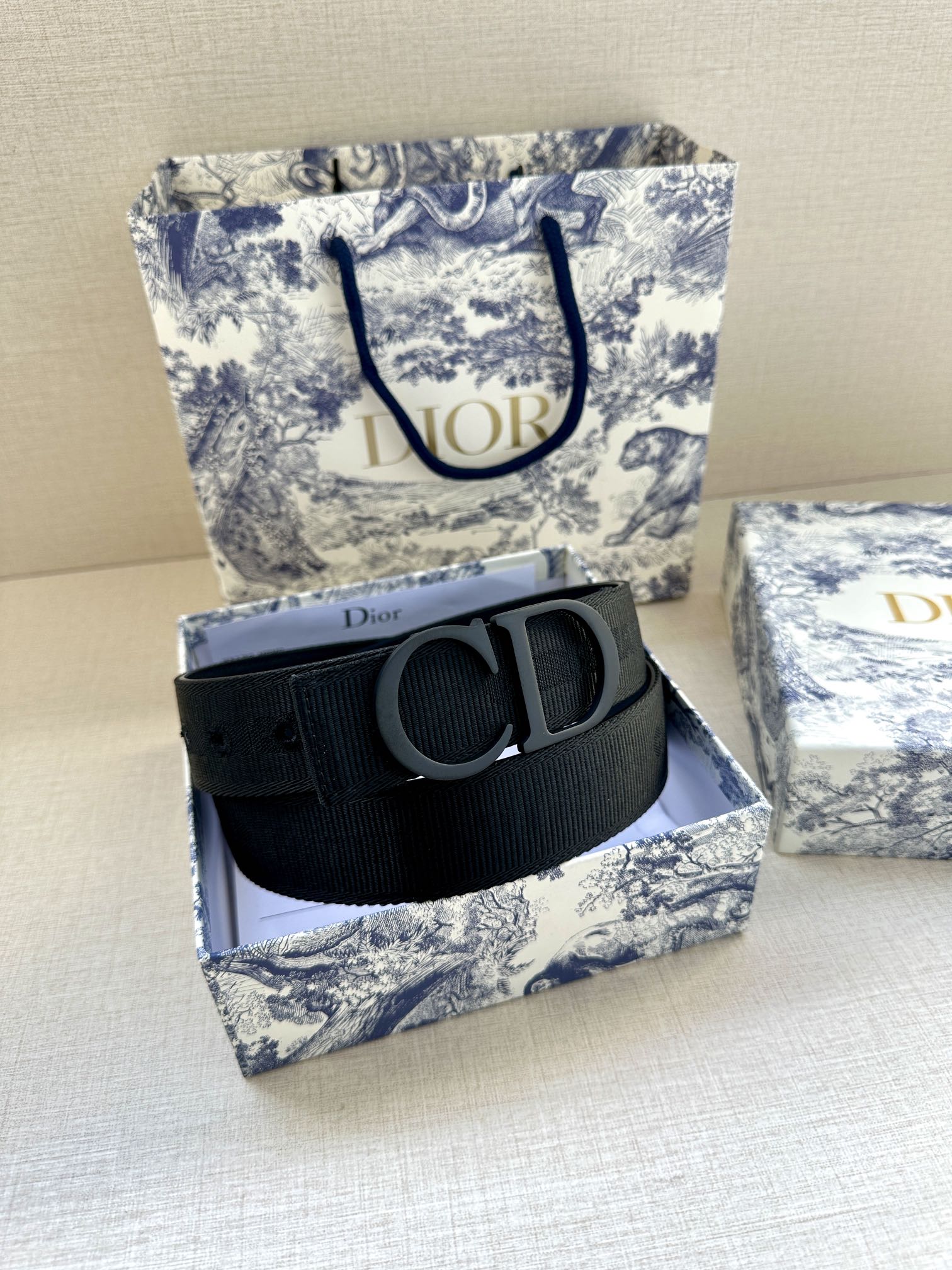 Black Dior belt with CD logo buckle on wide ribbed strap, side view.