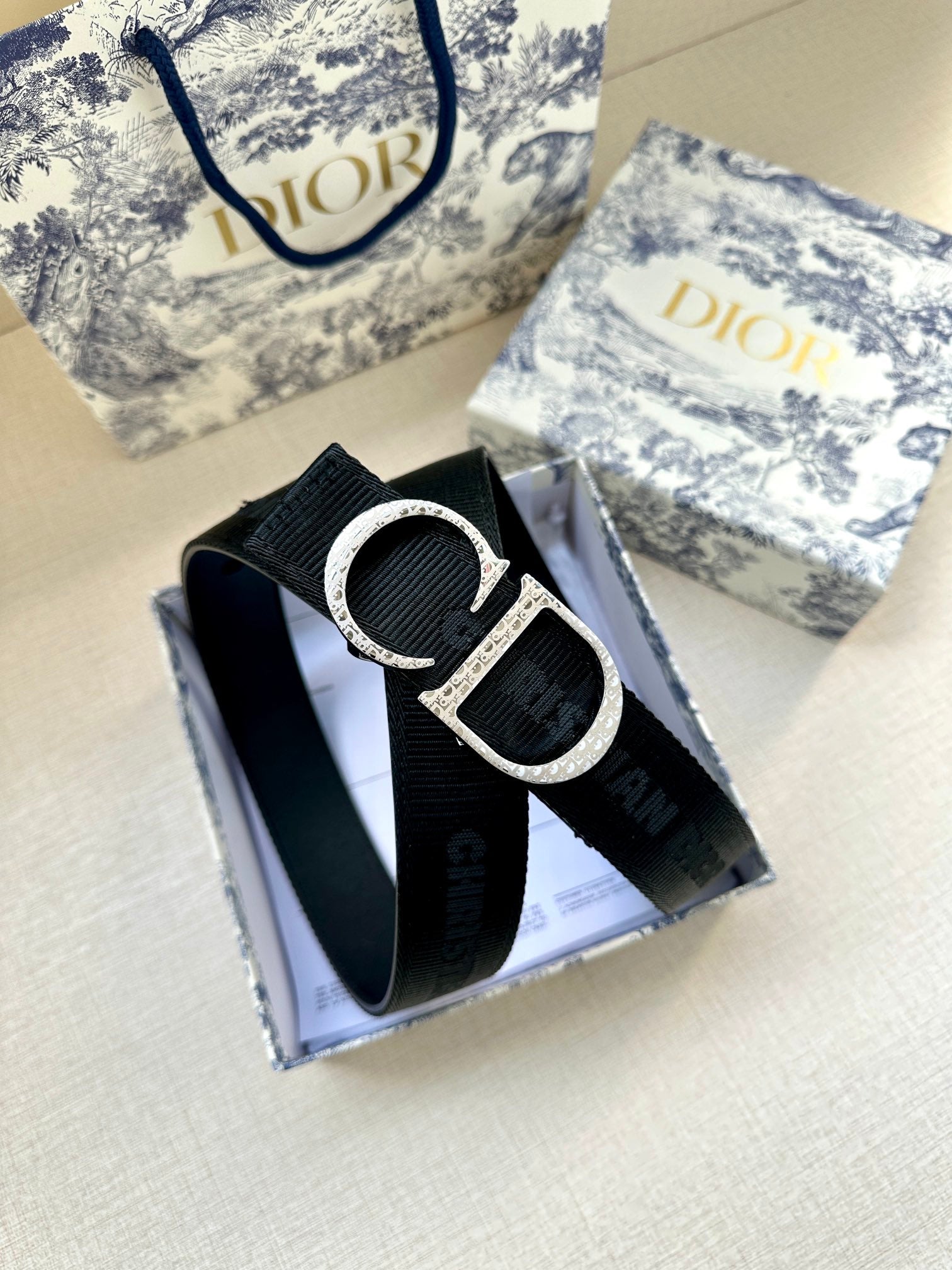 Dior belt with dark strap and sparkling silver CD buckle