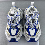 Balenciaga unisex sneakers, front view; white mesh with blue panels and lace-up
