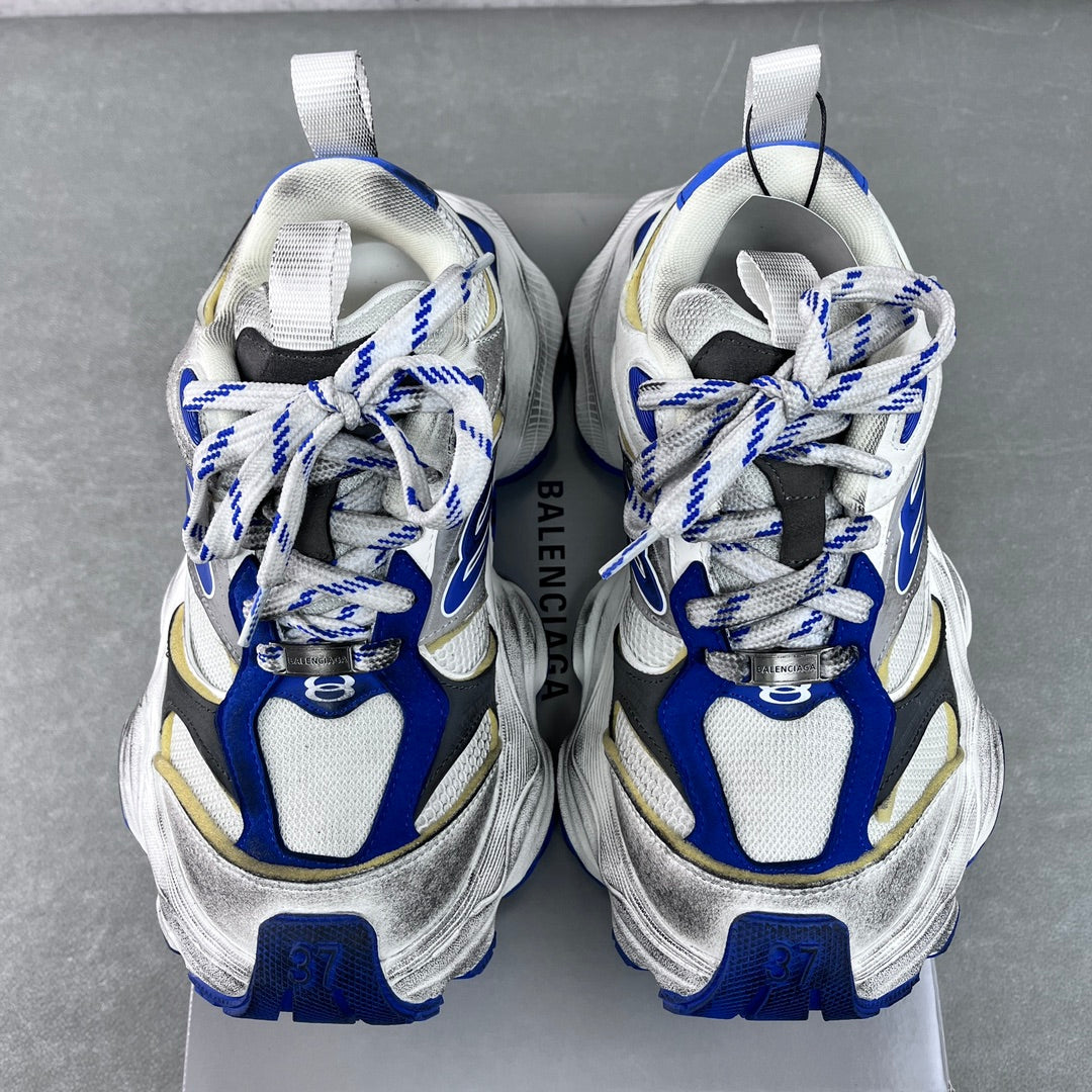 Balenciaga unisex sneakers, front view; white mesh with blue panels and lace-up