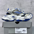 Balenciaga unisex chunky sneakers, side view; silver panels and blue tread sole