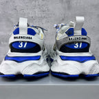 Balenciaga unisex sneakers, back view; BALENCIAGA logo and blue 37 heel