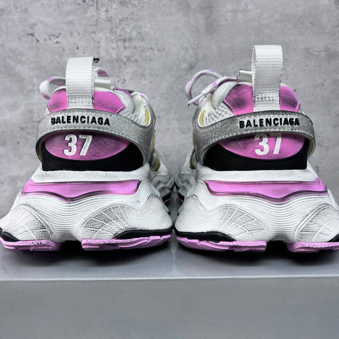 Heel view sneakers with Balenciaga logo tabs and size 37 on purple inner lining