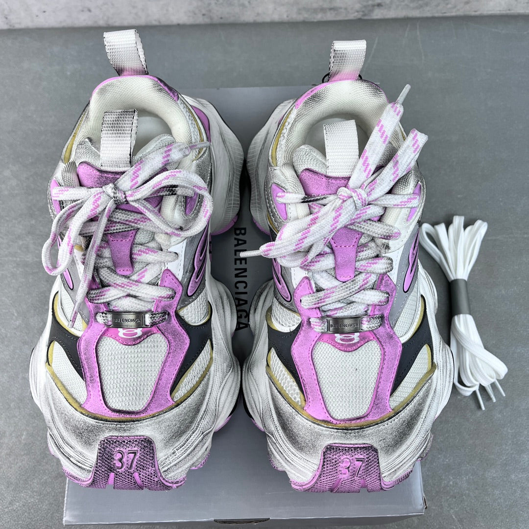 Front view lace-up sneakers in silver and purple, with textured uppers and heel size mark
