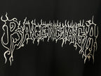 Black T-shirt close-up of white gothic dripping logo lettering