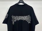 Black T-shirt with wide white gothic logo across the chest