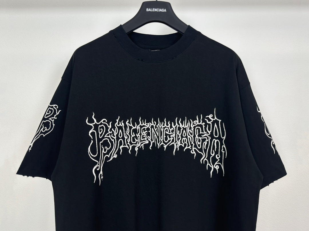 Black T-shirt with wide white gothic logo across the chest