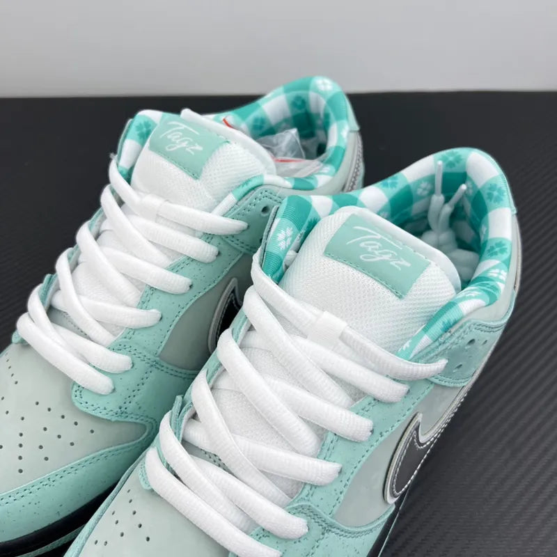 Aqua and white low-top sneakers with teal plaid lining and white laces
