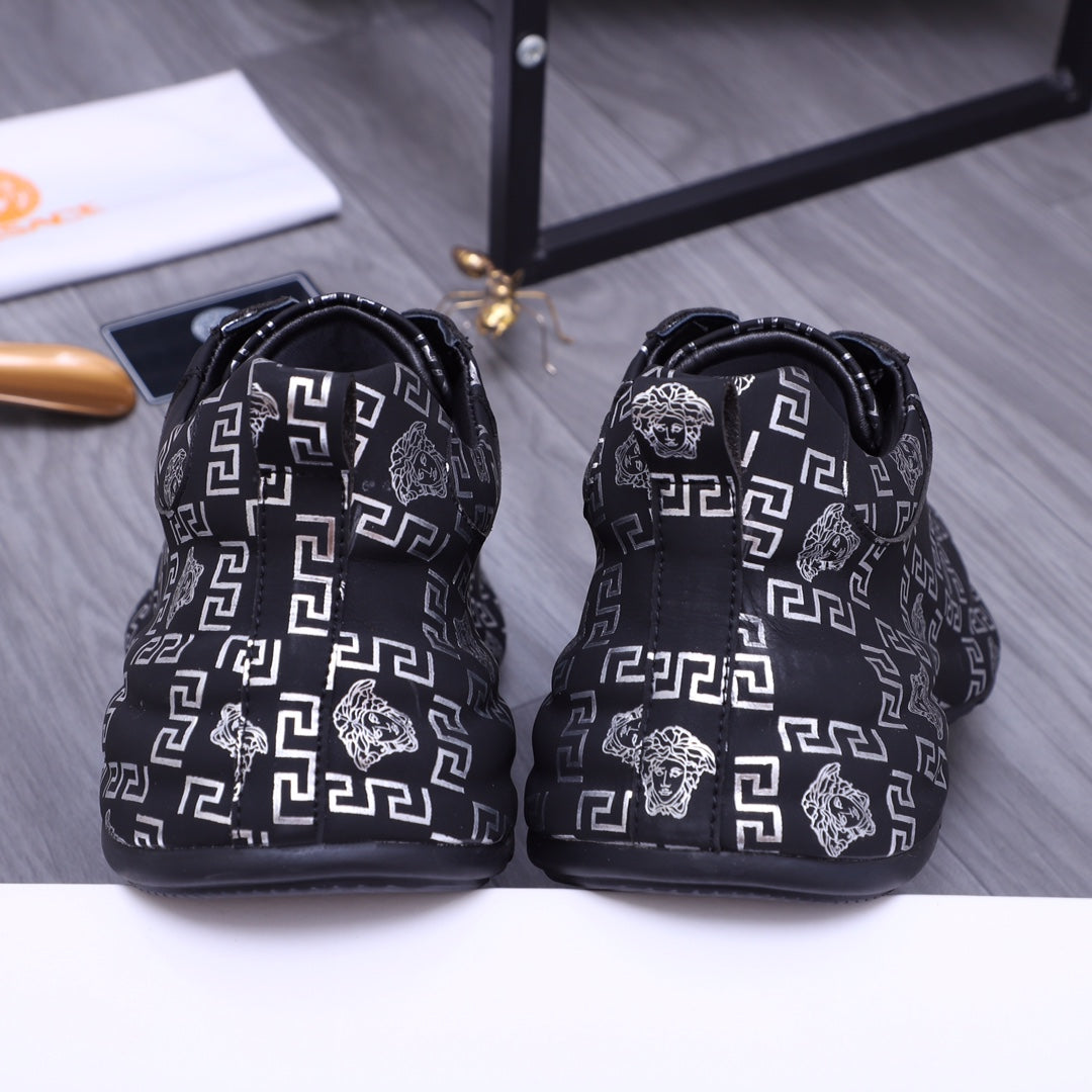 Versace luxury shoes back view lace-up sneakers in dark knit with white geometric logo