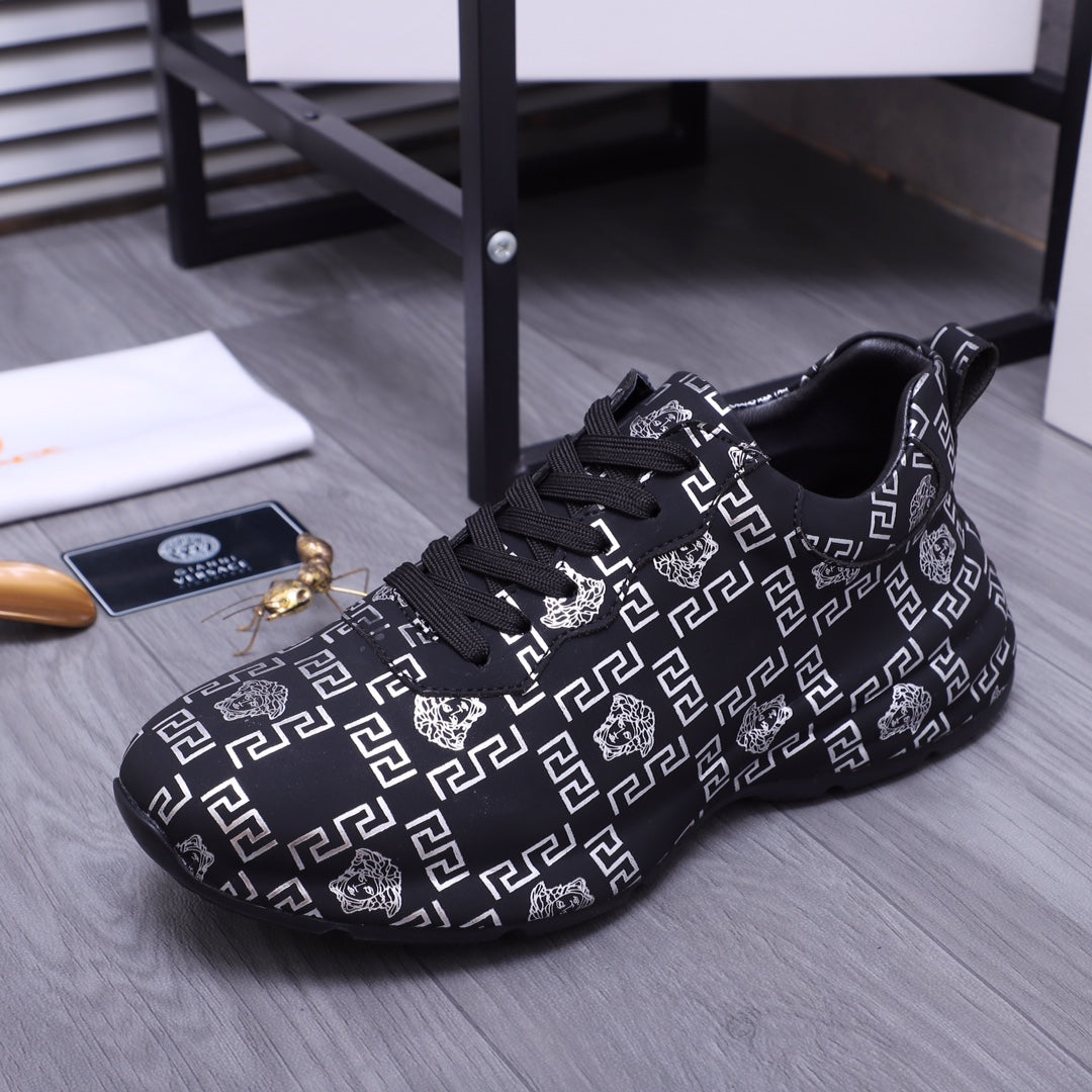 Versace luxury shoes lace-up sneakers in dark knit with white geometric logo and medallion