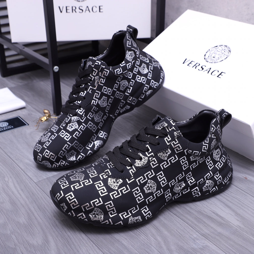 Versace luxury shoes low-top sneakers in dark knit with white geometric logo pattern
