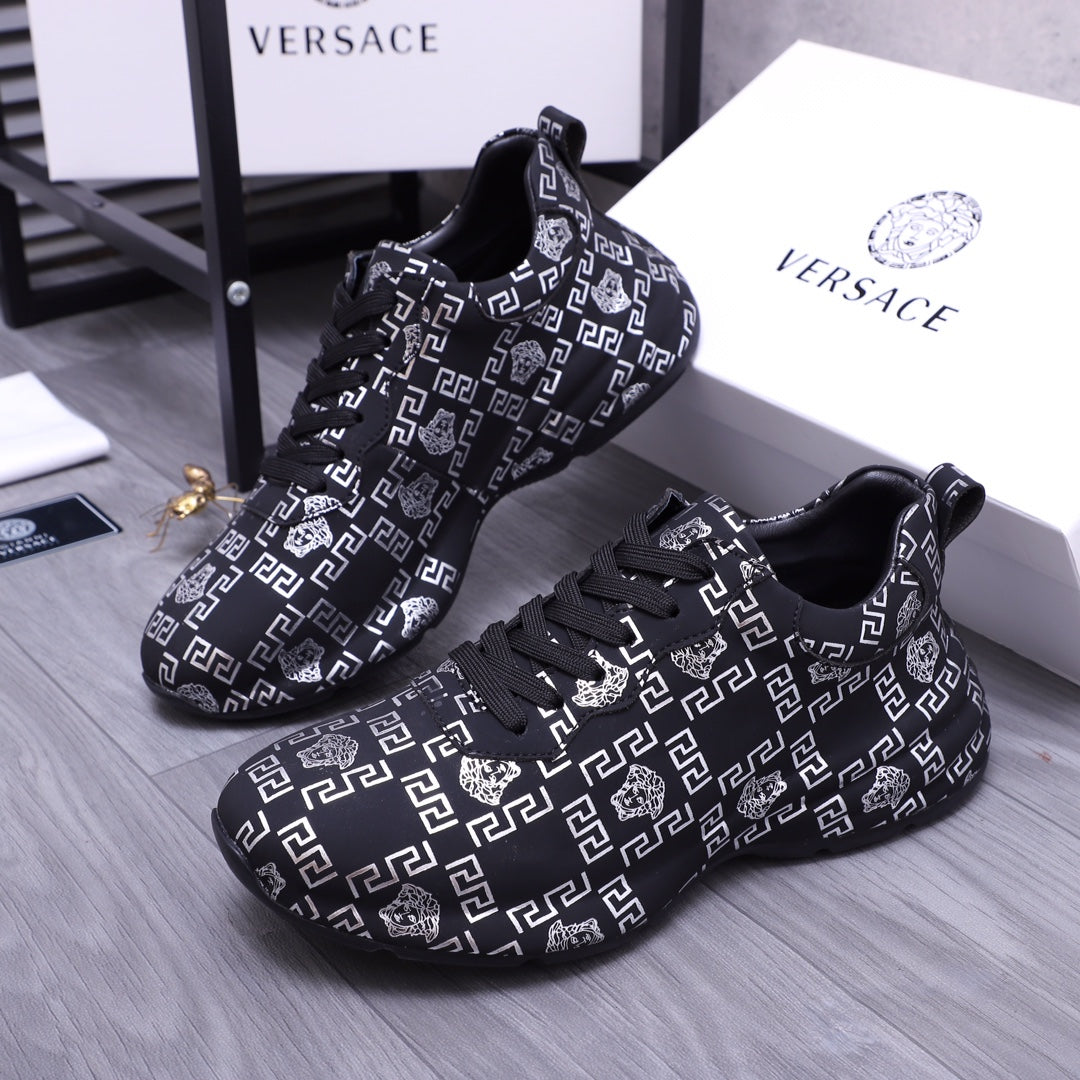 Versace luxury shoes low-top sneakers in dark knit with white geometric logo pattern