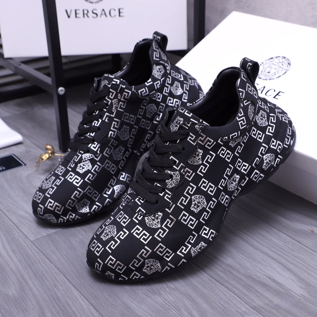 Versace luxury shoes lace-up sneakers in dark fabric with repeating white geometric logo