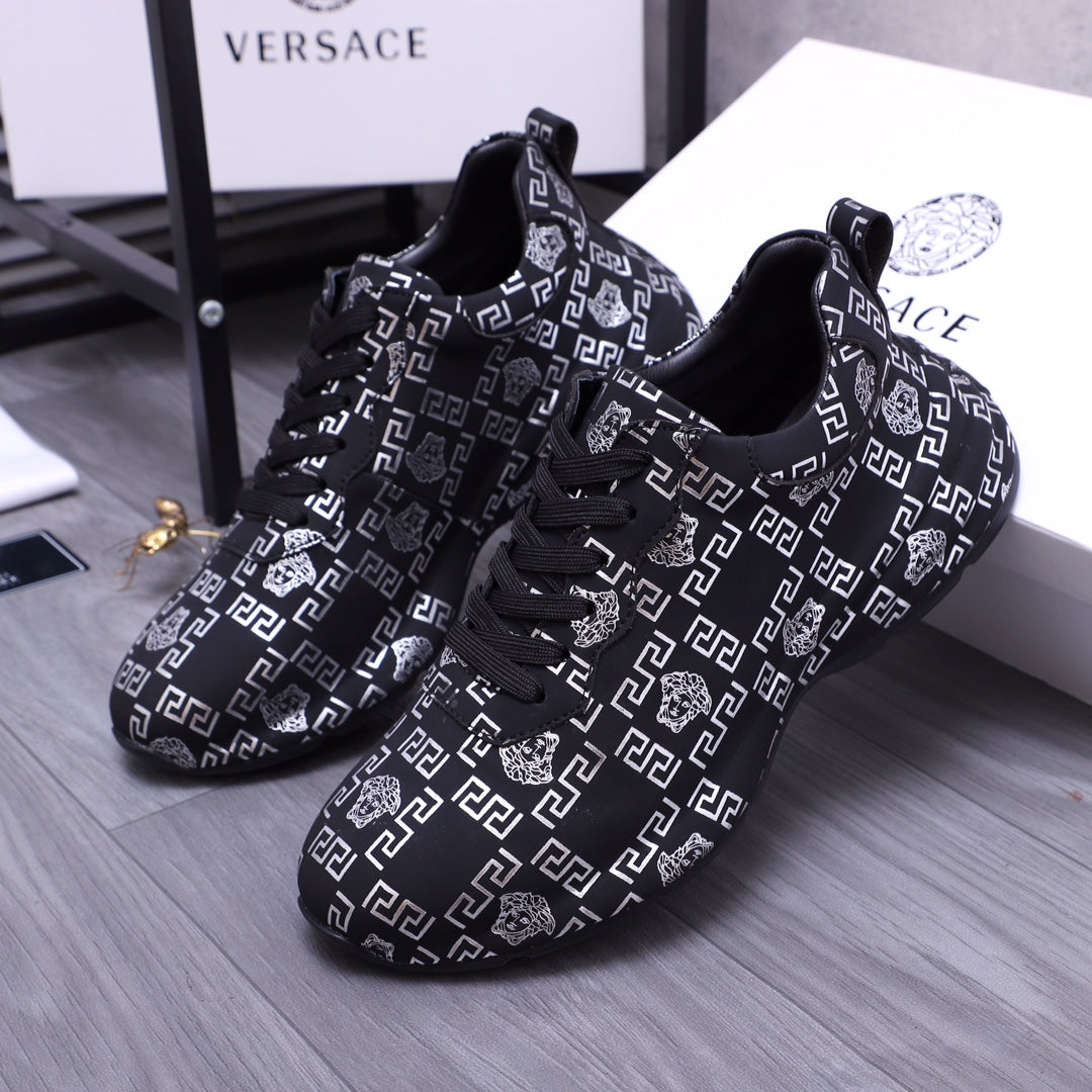 Versace luxury shoes lace-up sneakers in dark fabric with repeating white geometric logo