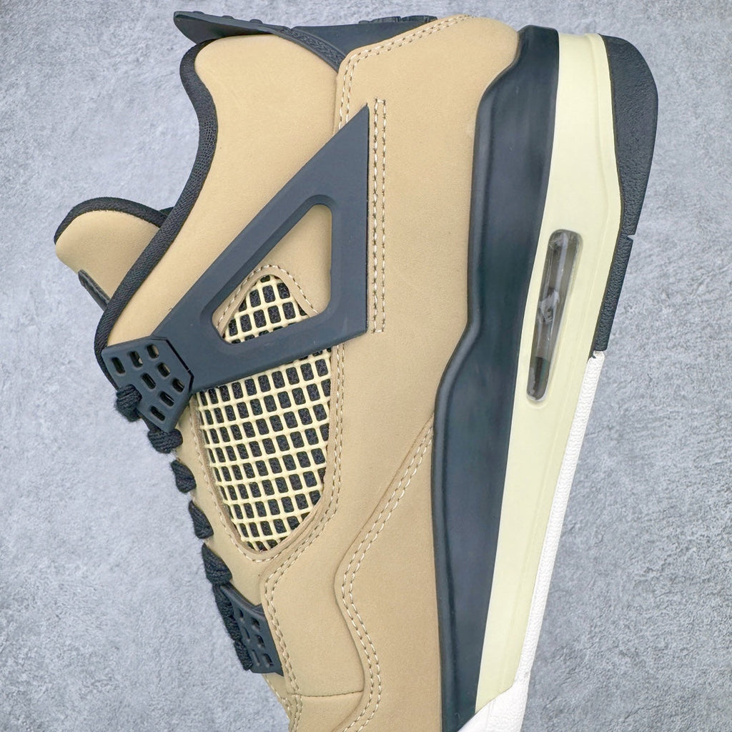 Beige and black sneaker side profile with air window, mesh panel, and white midsole