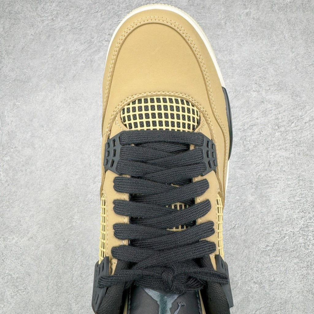 Beige toe cap with black lace-up front and white grid mesh quarter