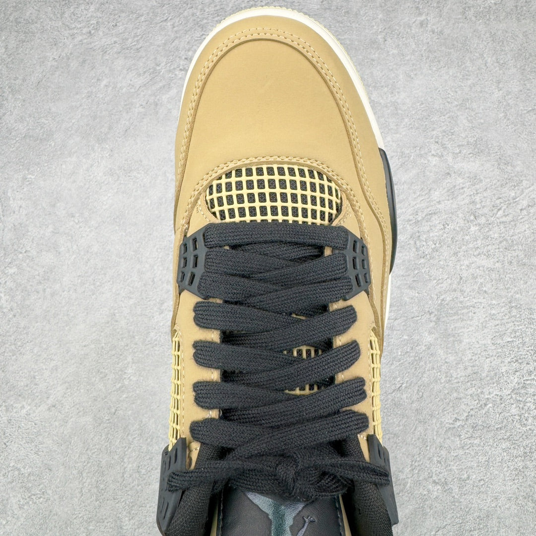 Beige toe cap with black lace-up front and white grid mesh quarter