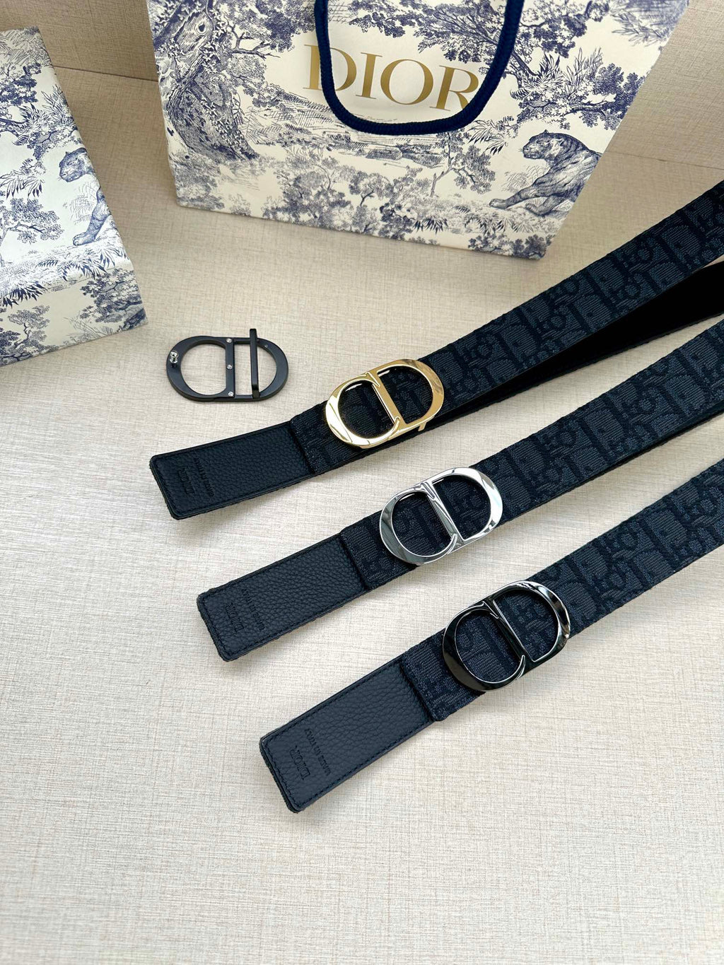 Dior belts set, dark logo straps with silver D buckle hardware