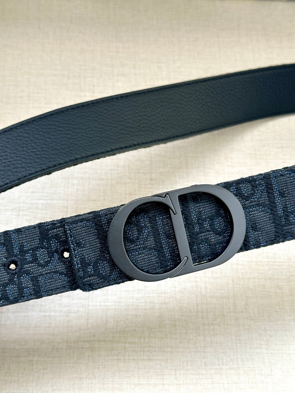 Dior belt close-up, dark logo strap with silver-tone oval D buckle
