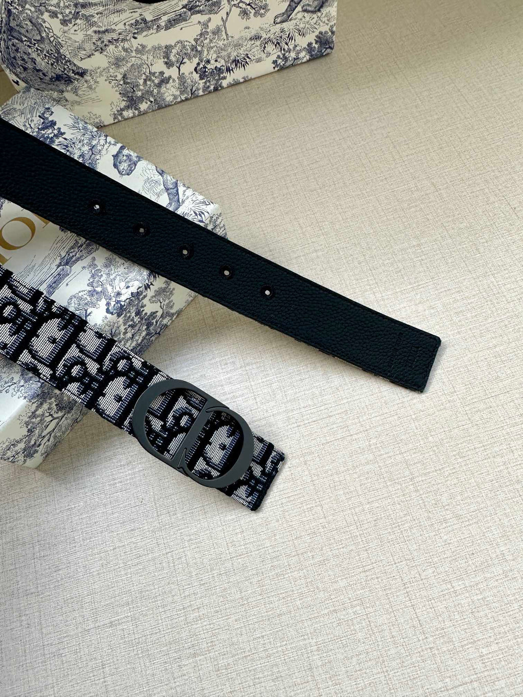 Dior logo belt strap end with hole row, dark keeper and silver-toned buckle