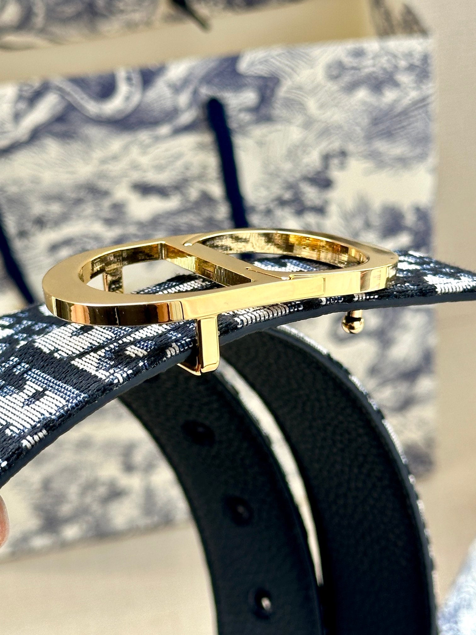 Gold buckle on black belt with subtle monogram print, close-up detail