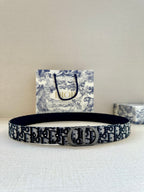 Black Dior monogram belt with patterned strap and silver-tone rectangular buckle