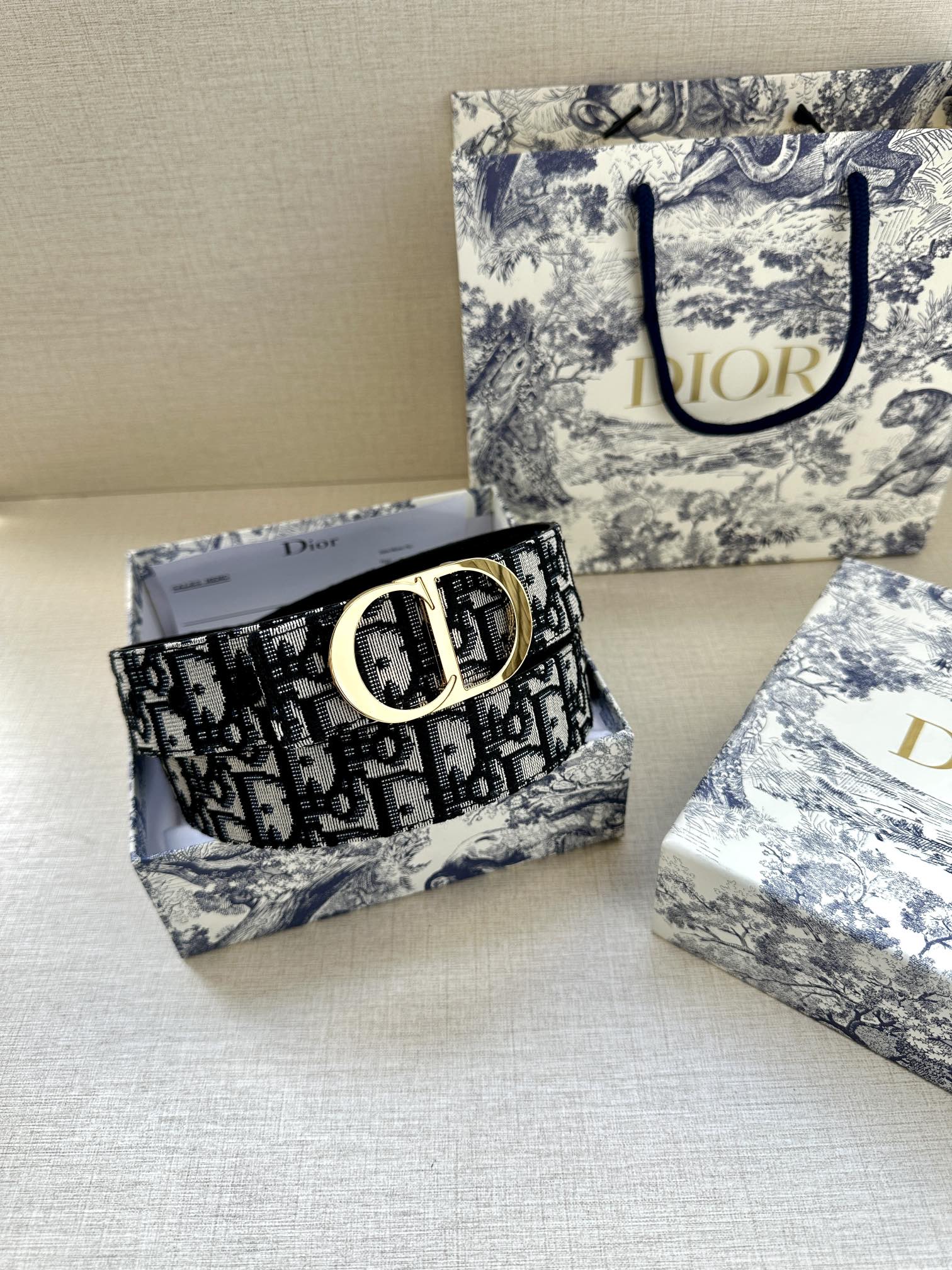 Black Dior monogram belt with gold-tone buckle, shown resting on surface