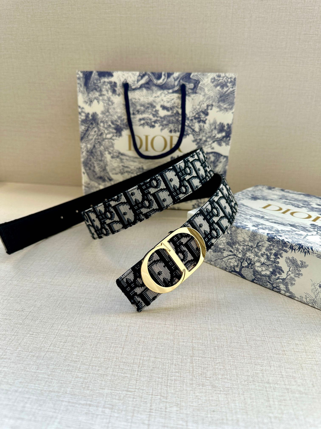 Black Dior monogram belt with gold-tone buckle, belt arranged diagonally