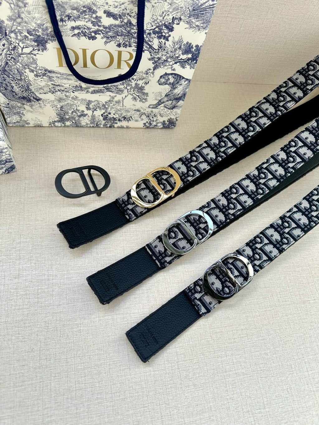 Dior logo belt laid flat with dark keeper loops and silver-toned oval buckle